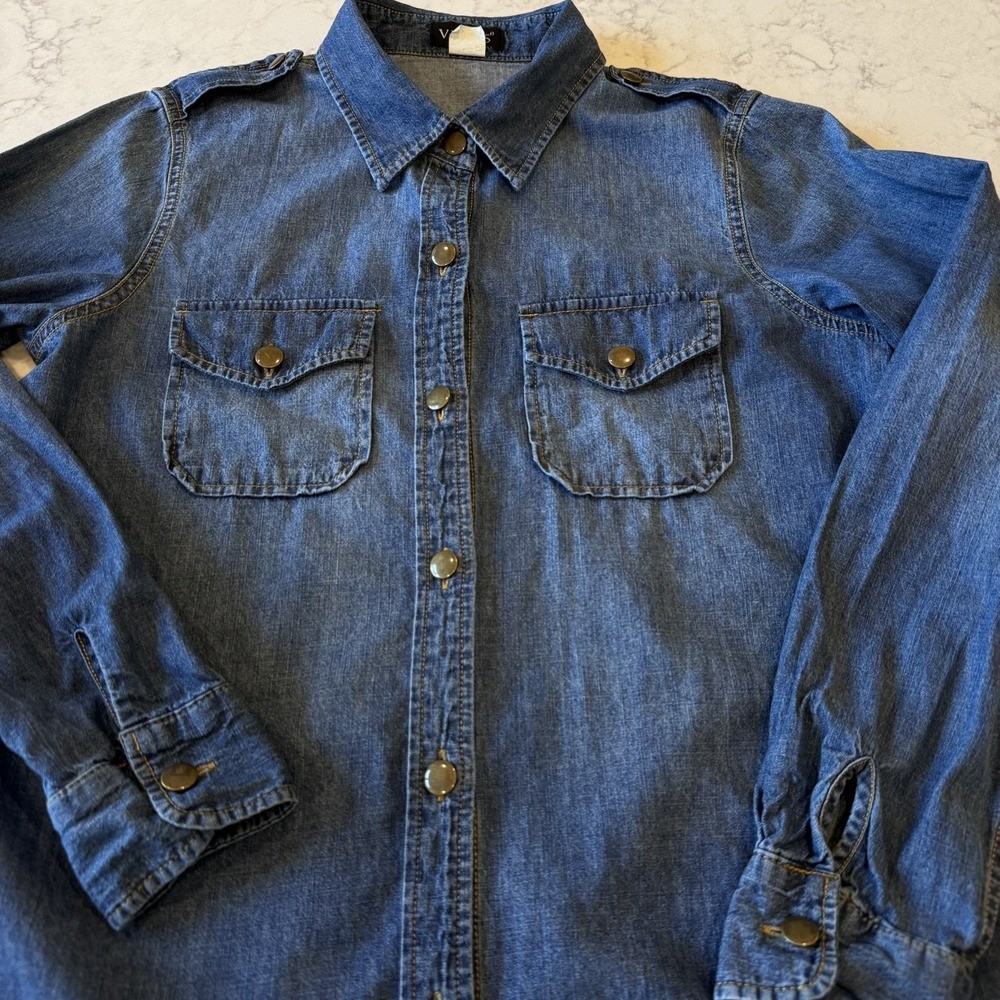Denim Chambray Shirt Dress • Women's M • Med Wash Blue Button Front Lightweight